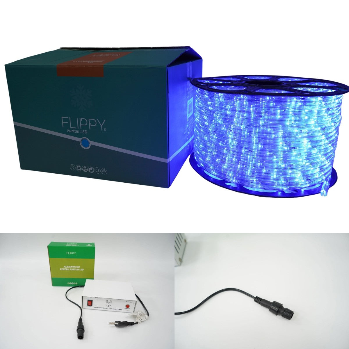 Instalatie Craciun, 56 m, 1344 Led-uri, Furtun Luminos, Albastru, Transformator, 8 jocuri de lumini, Sectionabila, 220 V, Kaveny