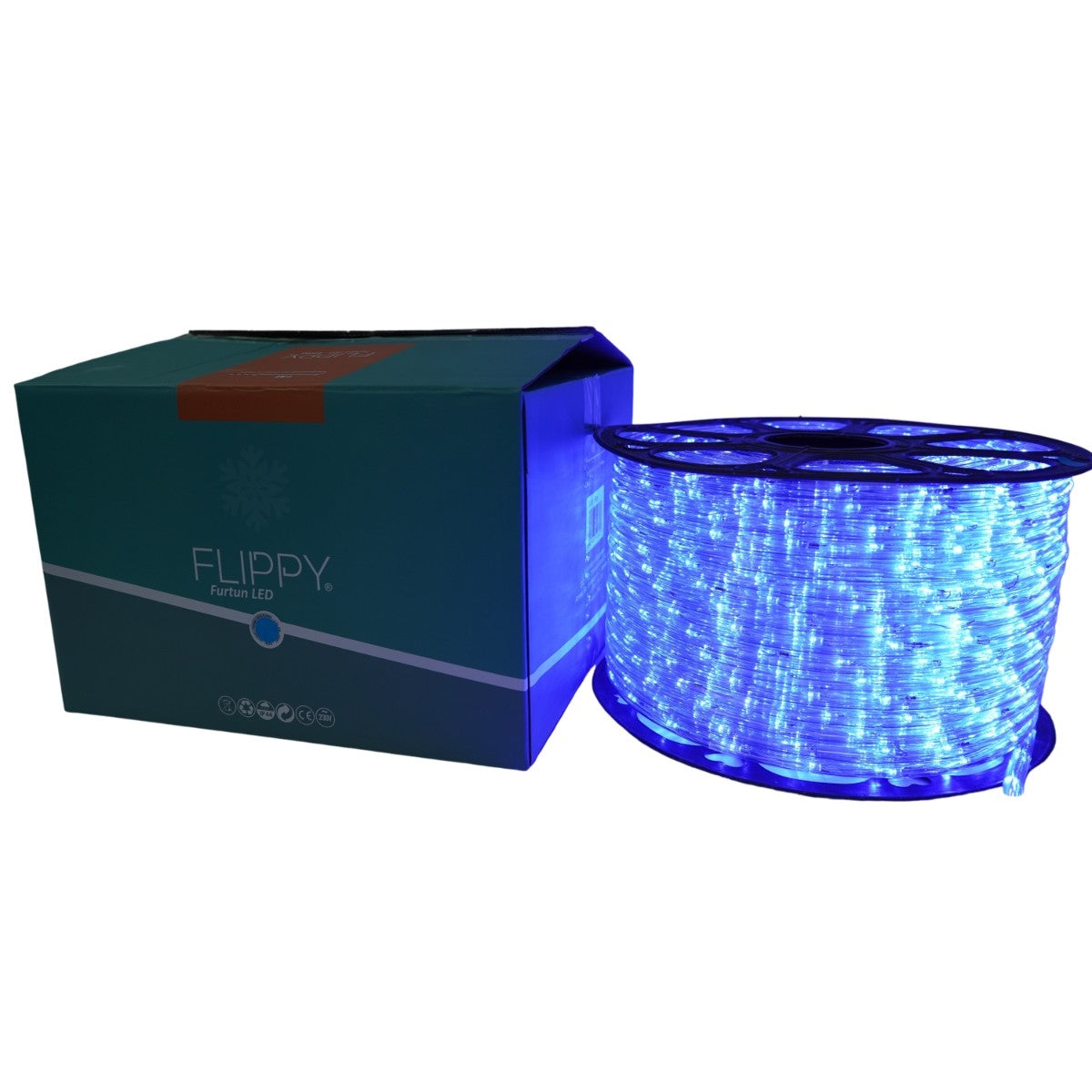 Instalatie Craciun, 56 m, 1344 Led-uri, Furtun Luminos, Albastru, Transformator, 8 jocuri de lumini, Sectionabila, 220 V, Kaveny