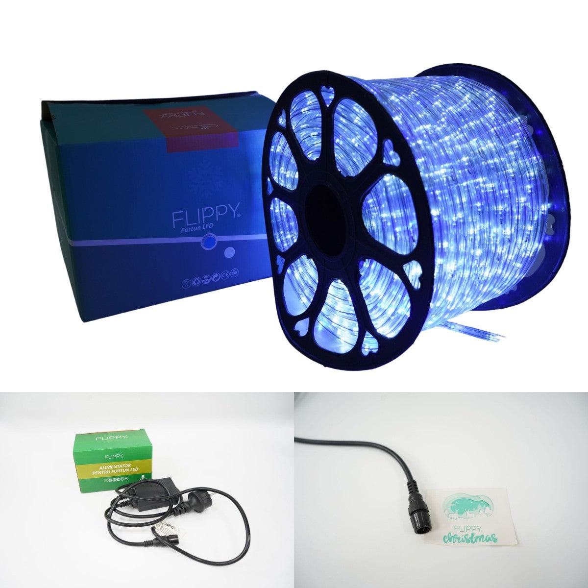Instalatie Craciun, 6 m, 144 Led-uri, Furtun Luminos, Alb rece/ Albastru, Transformator, 8 jocuri de lumini, Sectionabila, 220 V, Kaveny