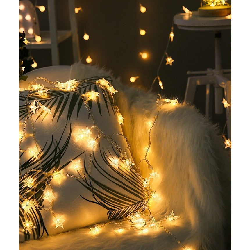 Instalatie Craciun, 6 metri,40 LED-uri cu Ornament tip Stea, Alb Cald, USB lung, fir cupru, liniar, interior/exterior, Kaveny