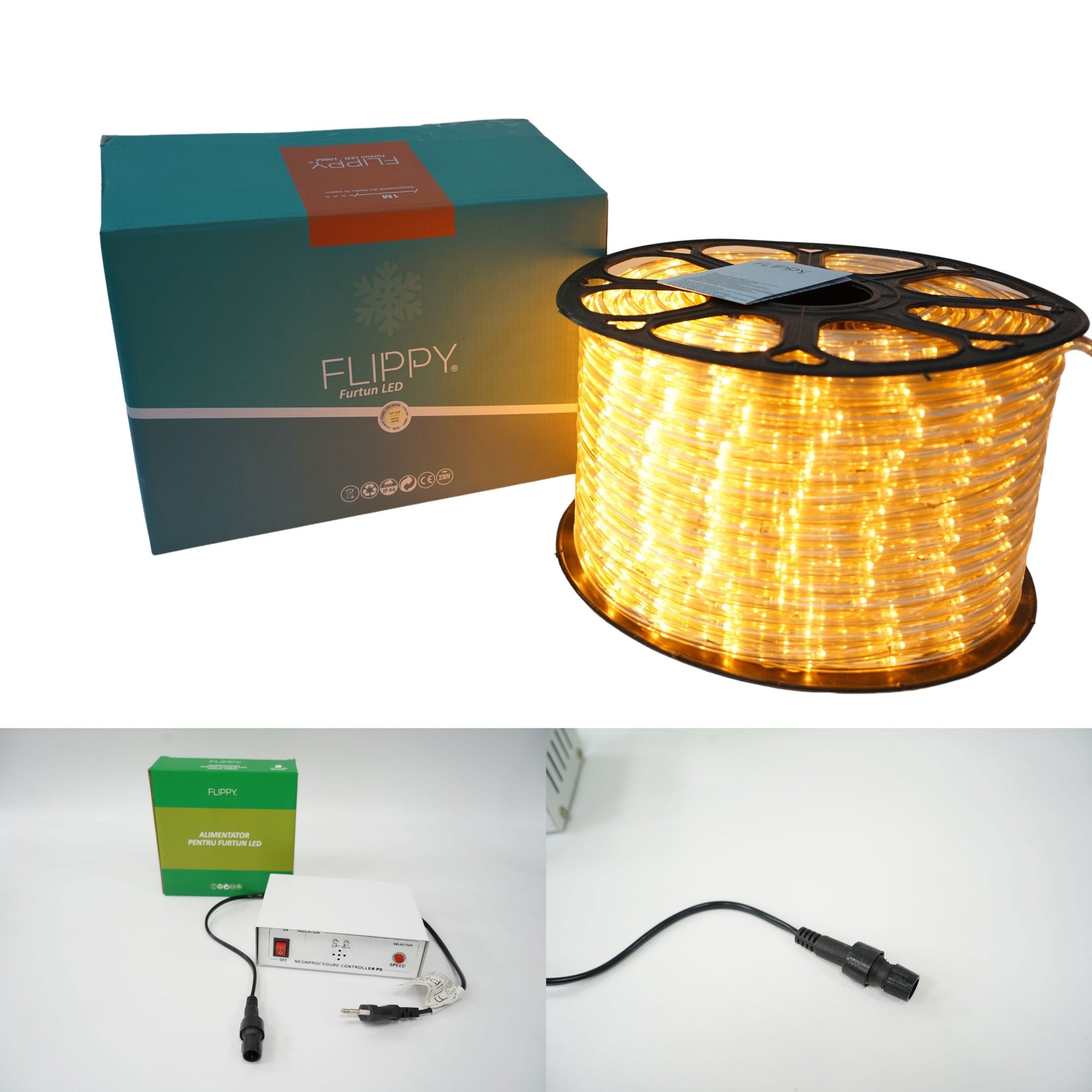 Instalatie Craciun, 74 m, 1776 Led-uri ,Furtun Luminos, Alb cald, 8 jocuri de lumini, Transformator, Sectionabila, 220 V, Kaveny