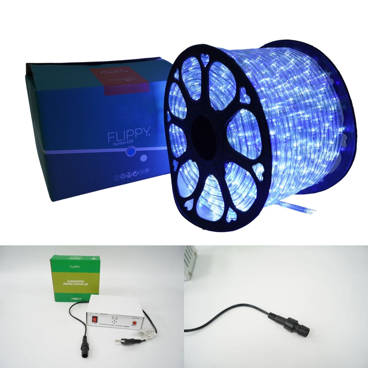 Instalatie Craciun, 79 m, 1896 Led-uri, Furtun Luminos, Alb rece/ Albastru, Transformator, 8 jocuri de lumini, Sectionabila, 220 V, Kaveny