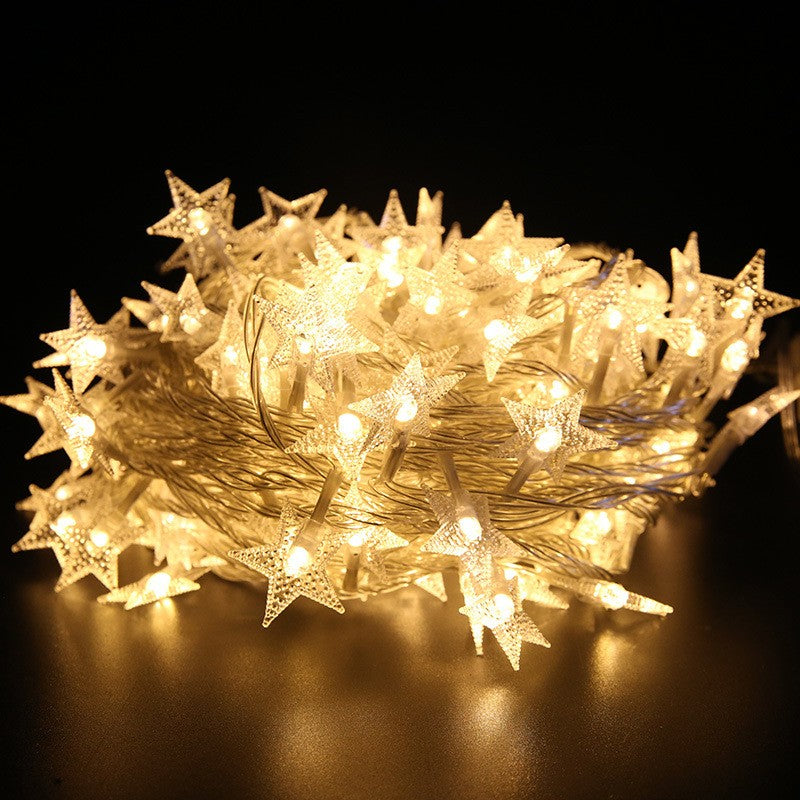 Instalatie Craciun cu baterii, 1.5 metri, 10 LED-uri tip Stea, fir Transparent, Alb Cald, Kaveny