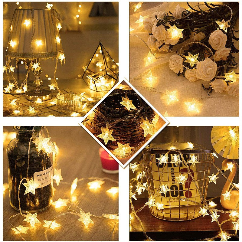 Instalatie Craciun cu baterii, 10 metri, 80 LED-uri tip Stea, fir Transparent, Alb Cald, Kaveny