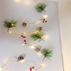 Instalatie Craciun cu baterii, 2 metri, 20 LED-uri tip ace si conuri de pin simple, Alb Cald, Kaveny