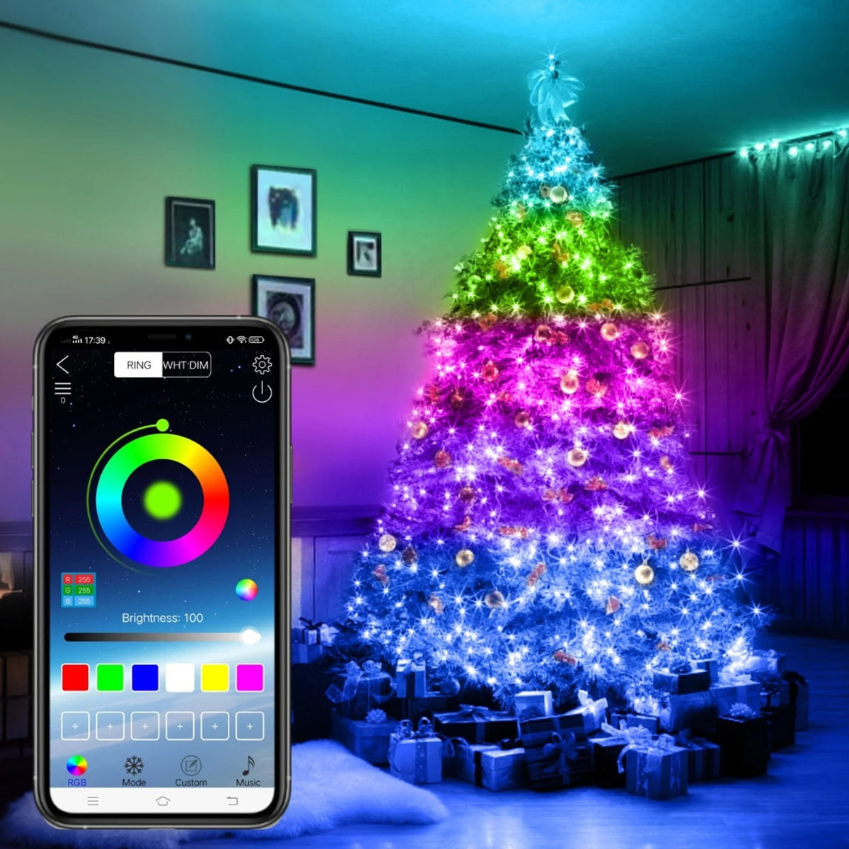 Instalatie Craciun Kaveny, 20 m, 200 Led-uri, Liniara, USB, RGB, fir cupru, conectare prin aplicatie telefon, interior/exterior