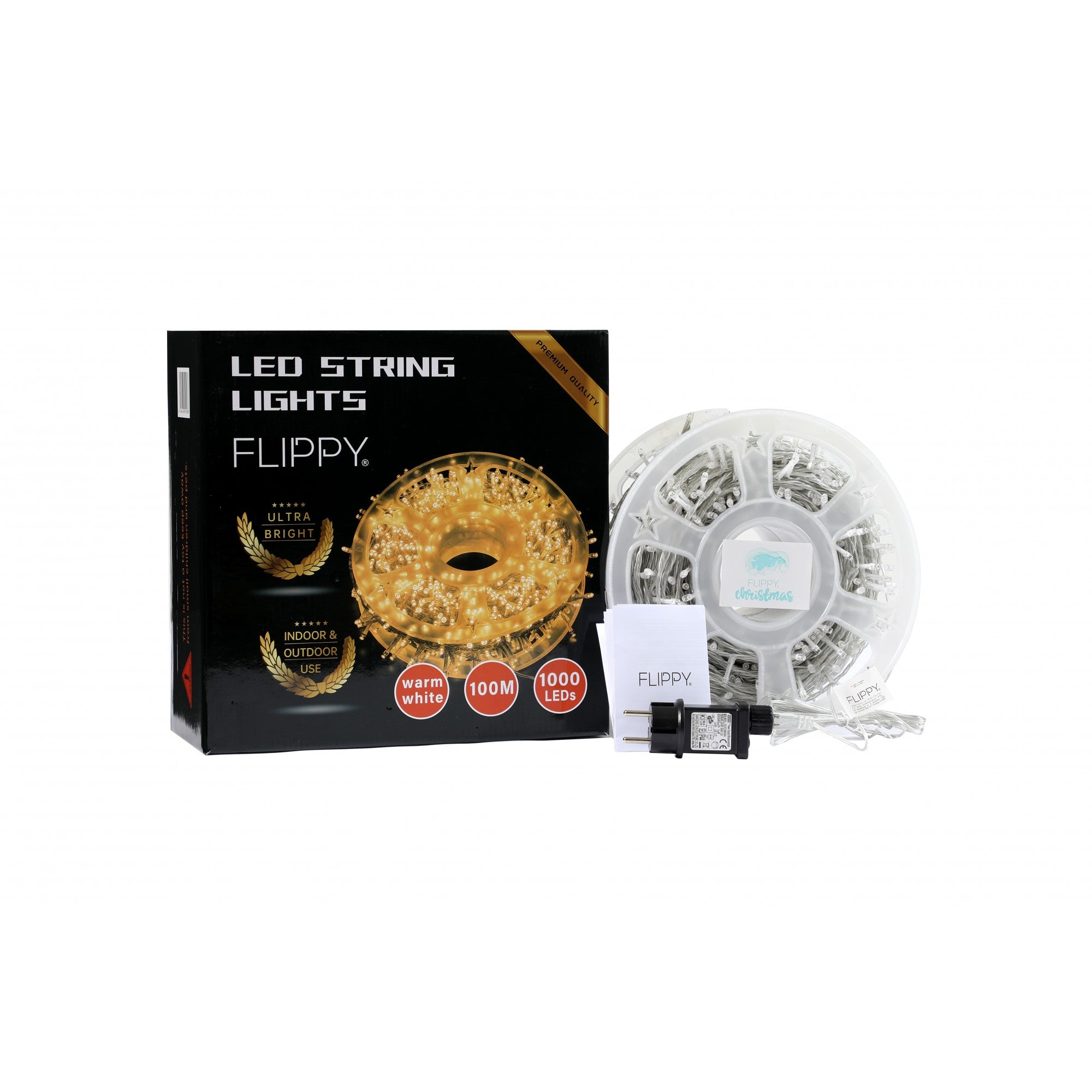 Instalatie Craciun liniara cu transformator, 100m, alb cald, 1000 LED-uri, fir transparent, 8 jocuri de lumini, Kaveny