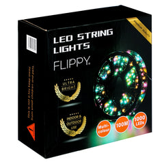 Instalatie Craciun liniara cu transformator, 100m, multicolor, 1000 LED-uri, fir negru, 8 jocuri de lumini, Kaveny