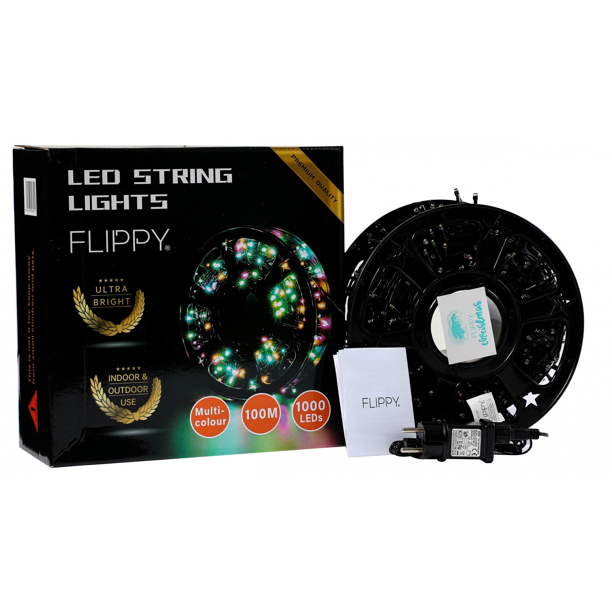 Instalatie Craciun liniara cu transformator, 100m, multicolor, 1000 LED-uri, fir negru, 8 jocuri de lumini, Kaveny