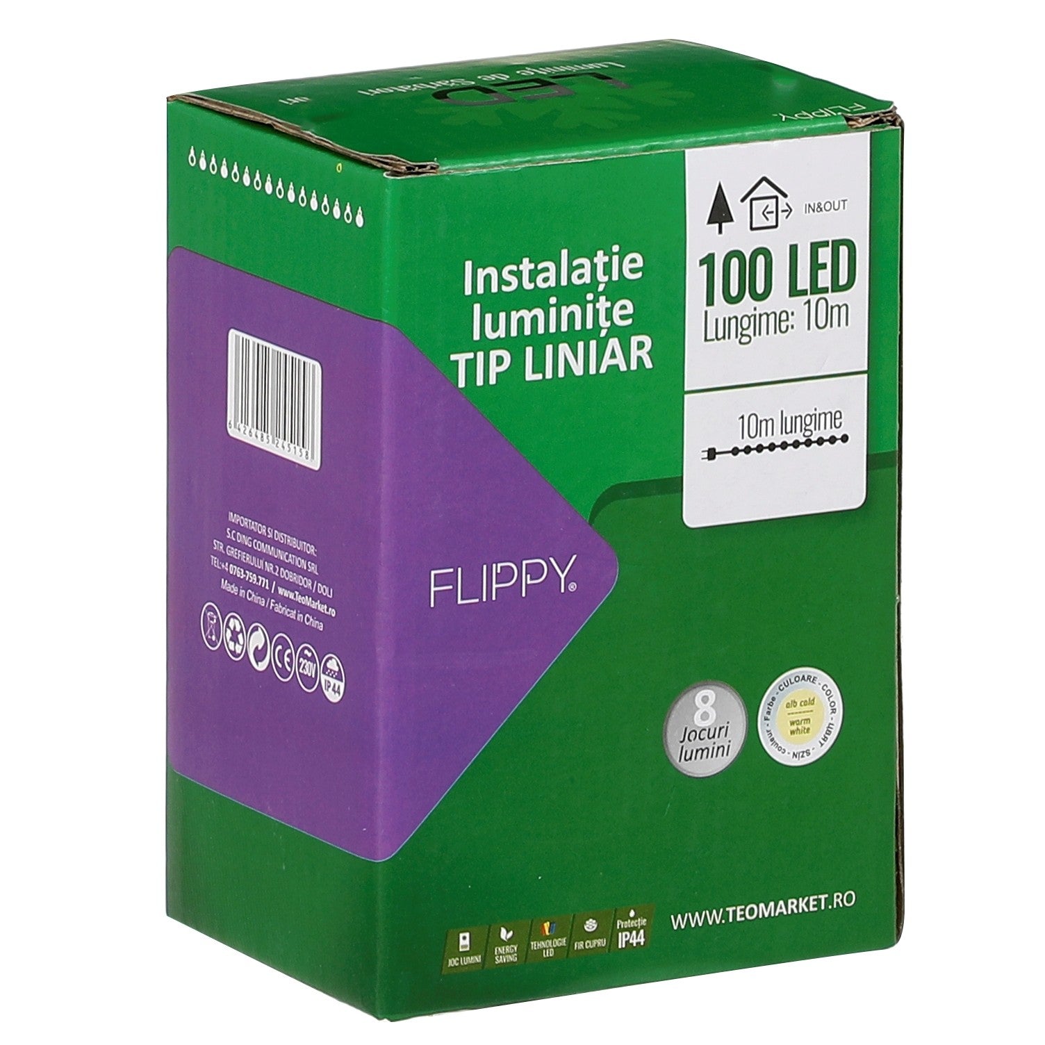 Instalatie Craciun liniara, cu transformator 31V, 10m, alb cald, 100 LED-uri V5, 8 jocuri de lumini, Fir verde, Kaveny