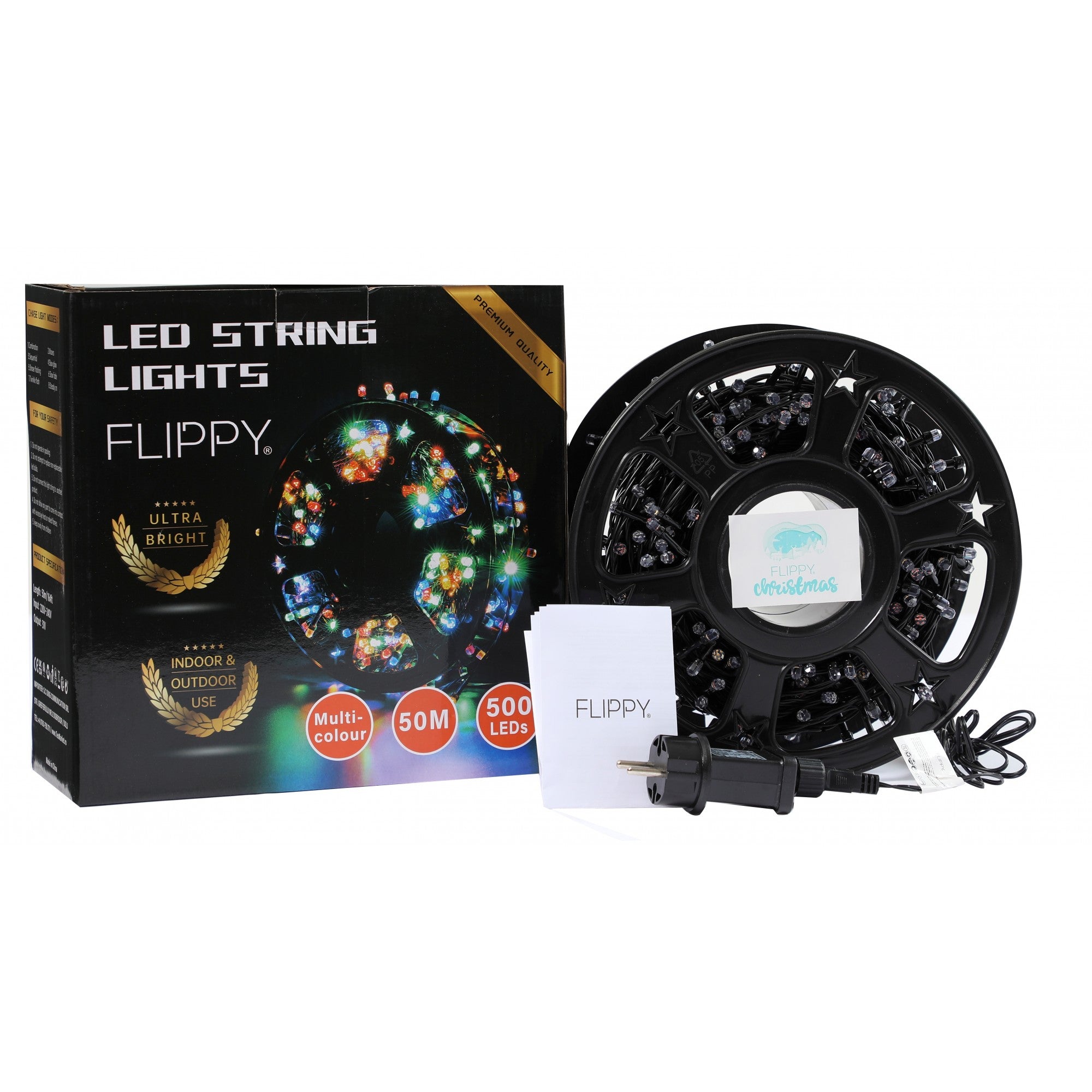 Instalatie Craciun liniara, fir negru, cu transformator, 50m, multicolor, 500 LED-uri, 8 jocuri de lumini, Kaveny