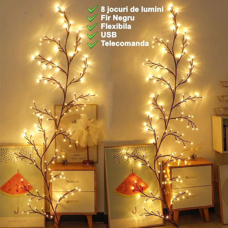 Instalatie Craciun tip Creanga Kaveny, 144 LED-uri, Conectare USB, 8 Jocuri de Lumini, Telecomanda, 2.5 m, Prelungitor 2 m, 3V, Fir Negru, Alb Cald