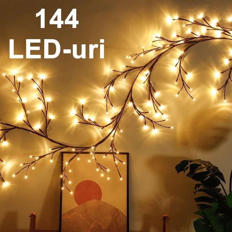 Instalatie Craciun tip Creanga Kaveny, 144 LED-uri, Conectare USB, 8 Jocuri de Lumini, Telecomanda, 2.5 m, Prelungitor 2 m, 3V, Fir Negru, Alb Cald
