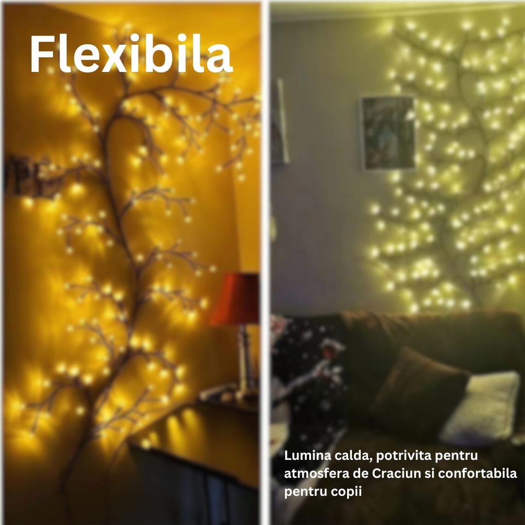 Instalatie Craciun tip Creanga Kaveny, 144 LED-uri, Conectare USB, 8 Jocuri de Lumini, Telecomanda, 2.5 m, Prelungitor 2 m, 3V, Fir Negru, Alb Cald