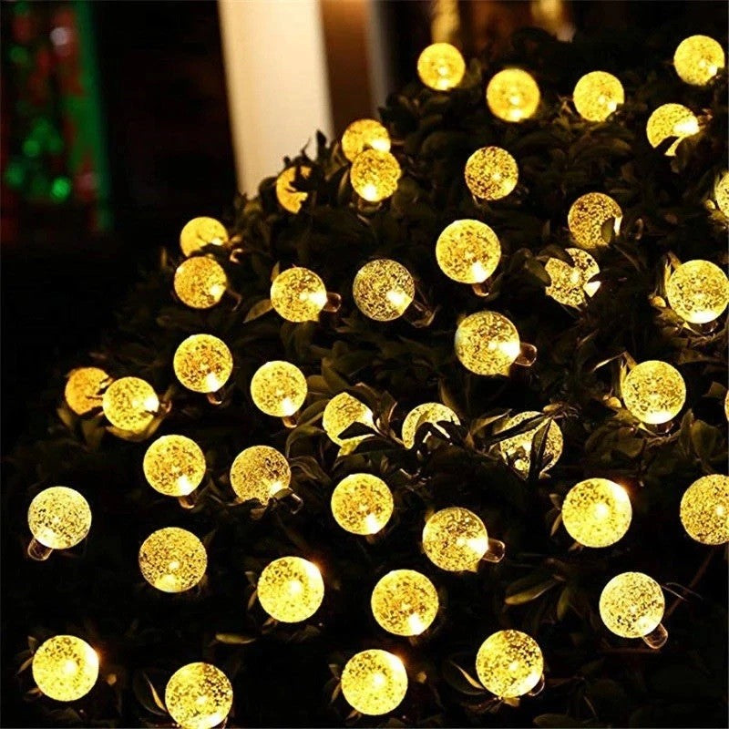 Instalatie Craciun, Tip Globuri de cristal, 100 Led-uri, 12 metri, Alb cald, Energie solara, Senzor de lumina, Kaveny