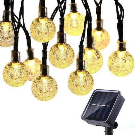 Instalatie Craciun, Tip Globuri de cristal, 100 Led-uri, 12 metri, Alb cald, Energie solara, Senzor de lumina, Kaveny