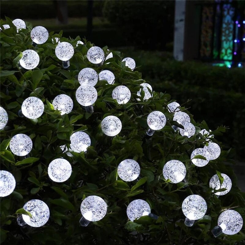 Instalatie Craciun, Tip Globuri de cristal, 100 Led-uri, 12 metri, Alb rece, Energie solara, Senzor de lumina, Kaveny