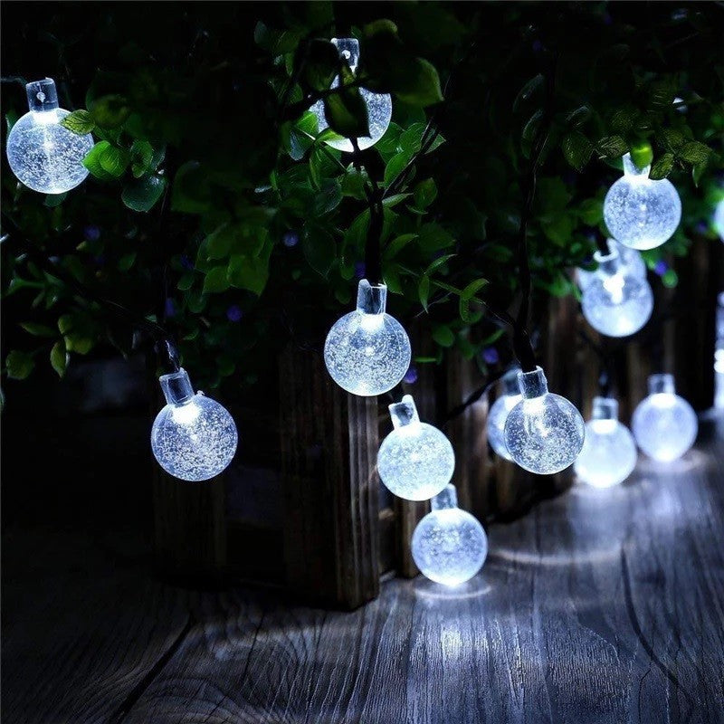Instalatie Craciun, Tip Globuri de cristal, 100 Led-uri, 12 metri, Alb rece, Energie solara, Senzor de lumina, Kaveny