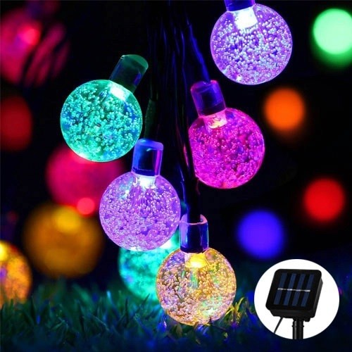 Instalatie Craciun, Tip Globuri de cristal, 50 Led-uri, 9.5 metri, Multicolor, Energie solara, Senzor de lumina, Kaveny