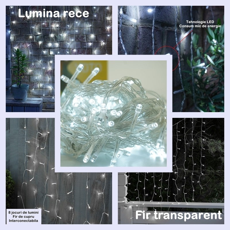 Instalatie Craciun, Tip Perdea, 1 m x 1 m, 60 LED-uri, Alb Rece, Controler, 8 jocuri de lumini, Interconectabila, Fir transparent, Interior/ Exterior, Kaveny