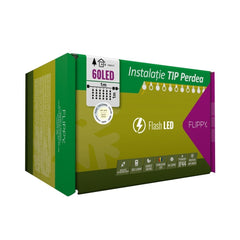 Instalatie Craciun, Tip Perdea, IP44, 1 m x 1 m, 60 LED-uri, Alb cald, cu flash, Transformator, Interconectabila, Prelungitor 5 m inclus, Fir transparent, Interior/ Exterior, Kaveny