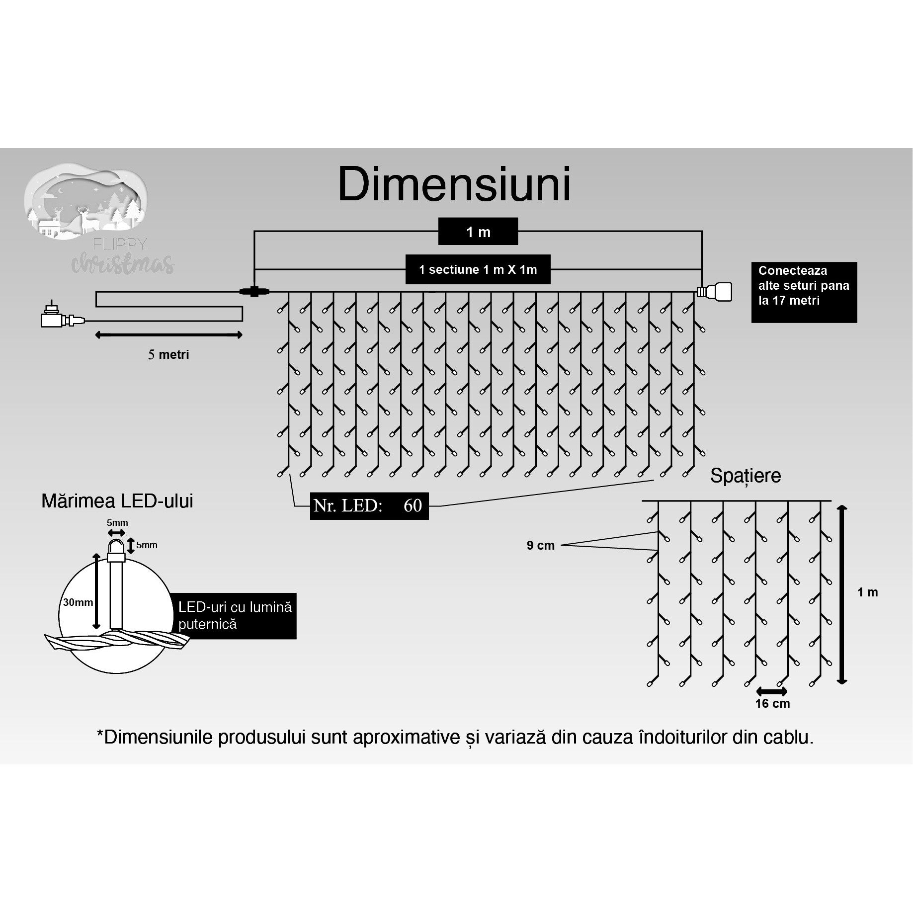 Instalatie Craciun, Tip Perdea, IP44, 1 m x 1 m, 60 LED-uri, Alb rece, 8 jocuri de lumini, Transformator cu telecomanda, Interconectabila, Prelungitor 5 m inclus, Fir transparent, Interior/ Exterior, Kaveny