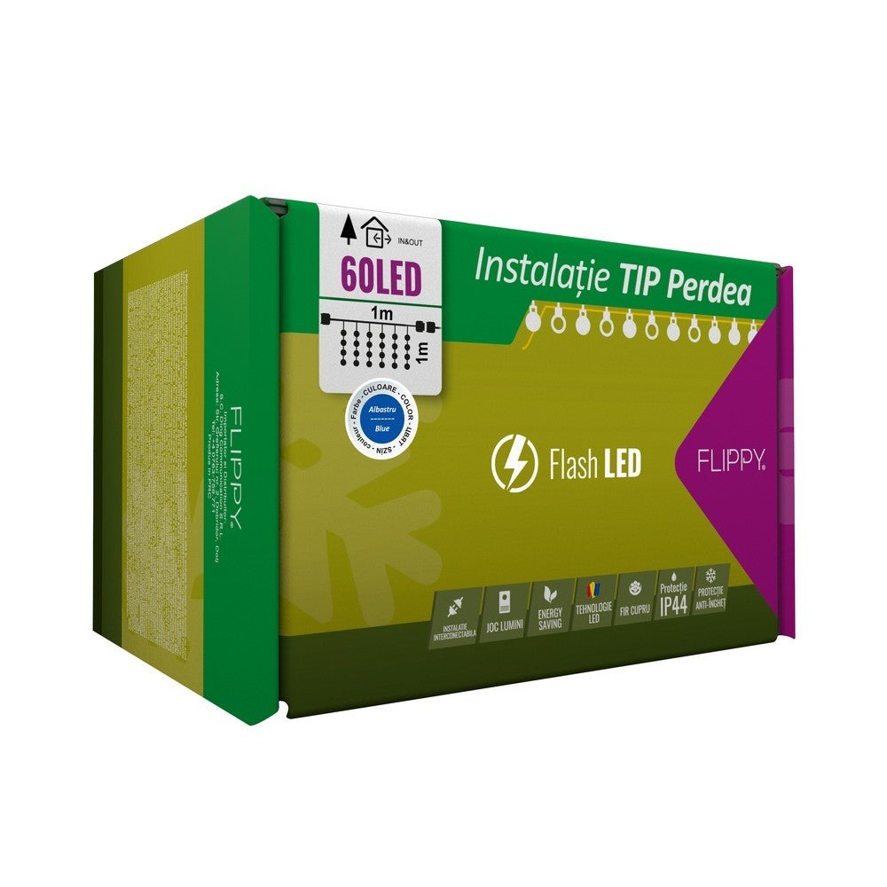 Instalatie Craciun, Tip Perdea, IP44, 1 m x 1 m, 60 LED-uri, Albastru, cu flash, Transformator cu telecomanda, Interconectabila, Prelungitor 3 m inclus, Fir transparent, Interior/ Exterior, Kaveny