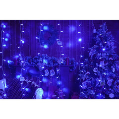 Instalatie Craciun, Tip Perdea, IP44, 10 m x 1 m, 600 LED-uri, Albastru, 8 jocuri de lumini, Transformator, Interconectabila, Prelungitor 3 m inclus, Fir transparent, Interior/ Exterior, Kaveny