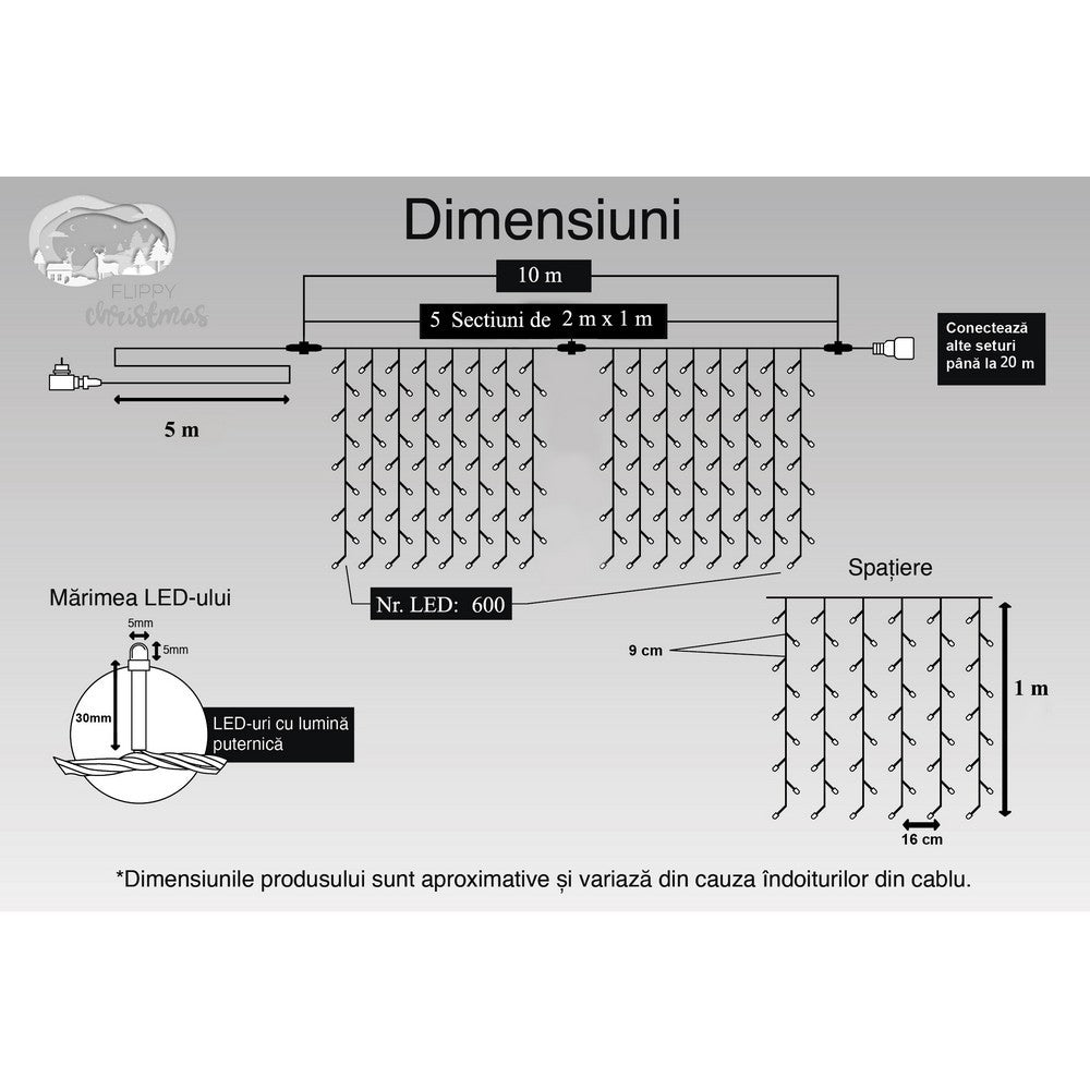 Instalatie Craciun, Tip Perdea, IP44, 10 m x 1 m, 600 LED-uri, Albastru, 8 jocuri de lumini, Transformator, Interconectabila, Prelungitor 5 m inclus, Fir transparent, Interior/ Exterior, Kaveny