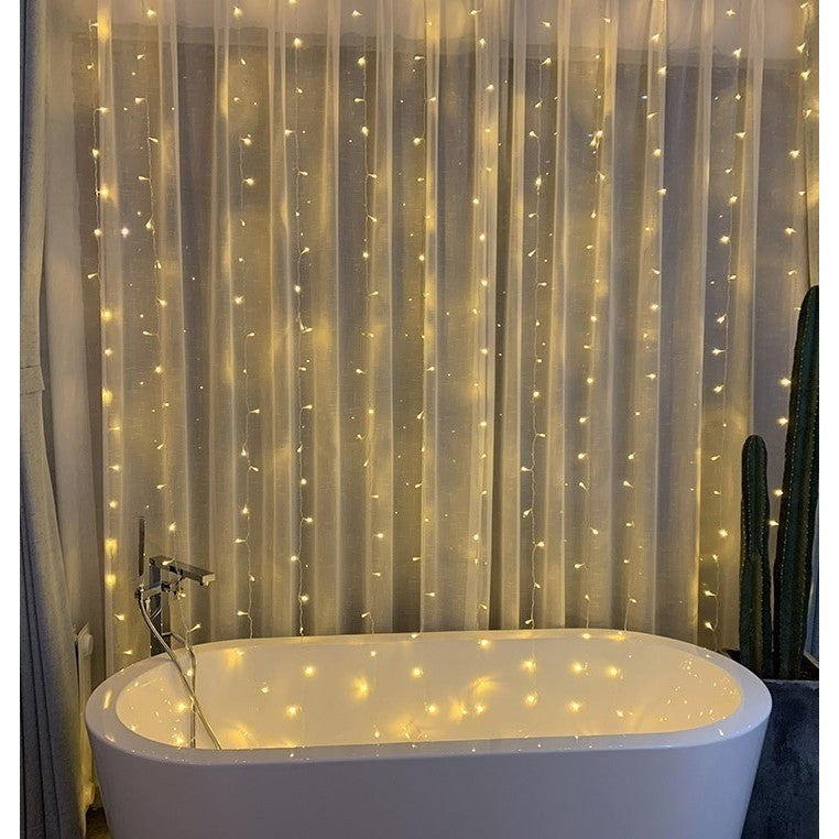 Instalatie Craciun, Tip Perdea, IP44, 10 m x 2 m, 1200 LED-uri, Alb cald, 8 jocuri de lumini, Transformator cu telecomanda, Interconectabila, Prelungitor 5 m inclus, Fir transparent, Interior/ Exterior, Kaveny