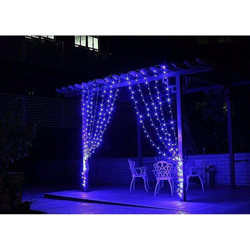 Instalatie Craciun, Tip Perdea, IP44, 12 m x 1 m, 720 LED-uri, Albastru, cu flash, Transformator cu telecomanda, Interconectabila, Prelungitor 5 m inclus, Fir transparent, Interior/ Exterior, Kaveny