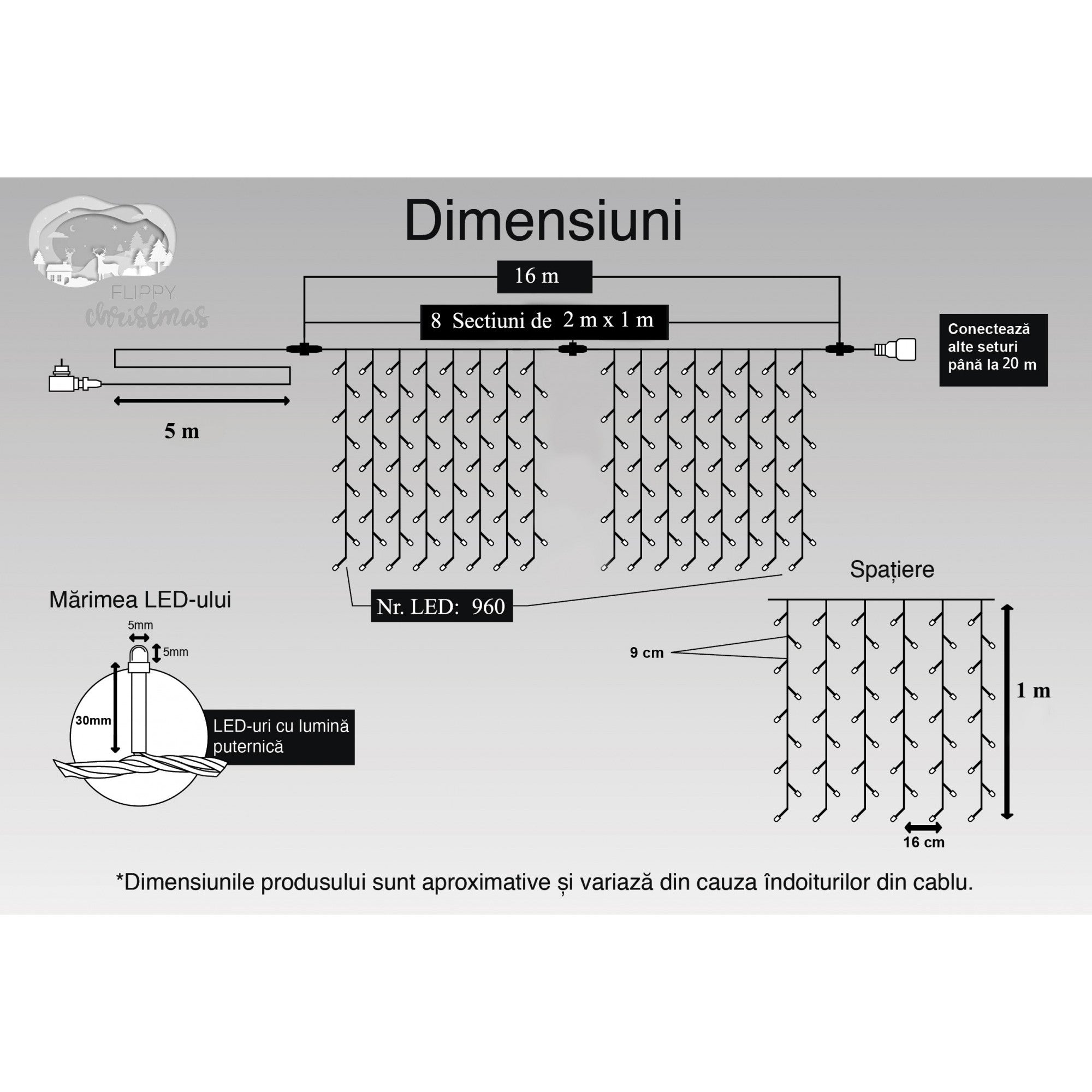 Instalatie Craciun, Tip Perdea, IP44, 16 m x 1 m, 960 LED-uri, Albastru, 8 jocuri de lumini, Transformator cu telecomanda, Interconectabila, Prelungitor 5 m inclus, Fir transparent, Interior/ Exterior, Kaveny