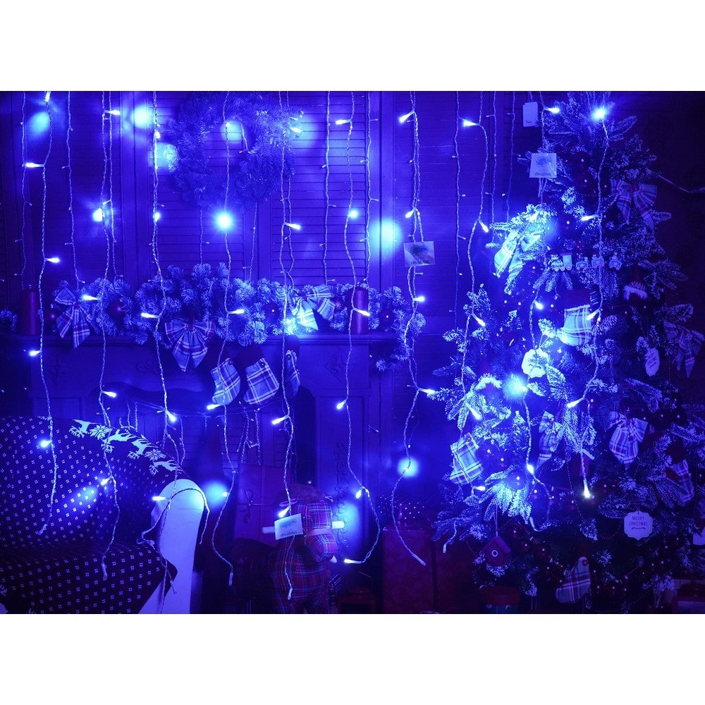 Instalatie Craciun, Tip Perdea, IP44, 16 m x 1 m, 960 LED-uri, Albastru, cu flash, Transformator cu telecomanda, Interconectabila, Prelungitor 3 m inclus, Fir transparent, Interior/ Exterior, Kaveny