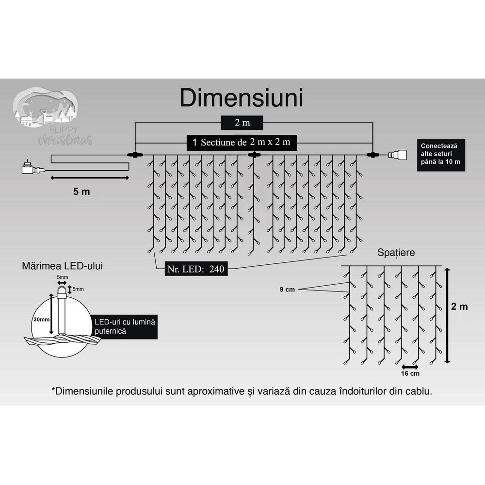 Instalatie Craciun, Tip Perdea, IP44, 2 m x 2 m, 240 LED-uri, Alb rece, 8 jocuri de lumini, Transformator, Interconectabila, Prelungitor 5 m inclus, Fir transparent, Interior/ Exterior, Kaveny