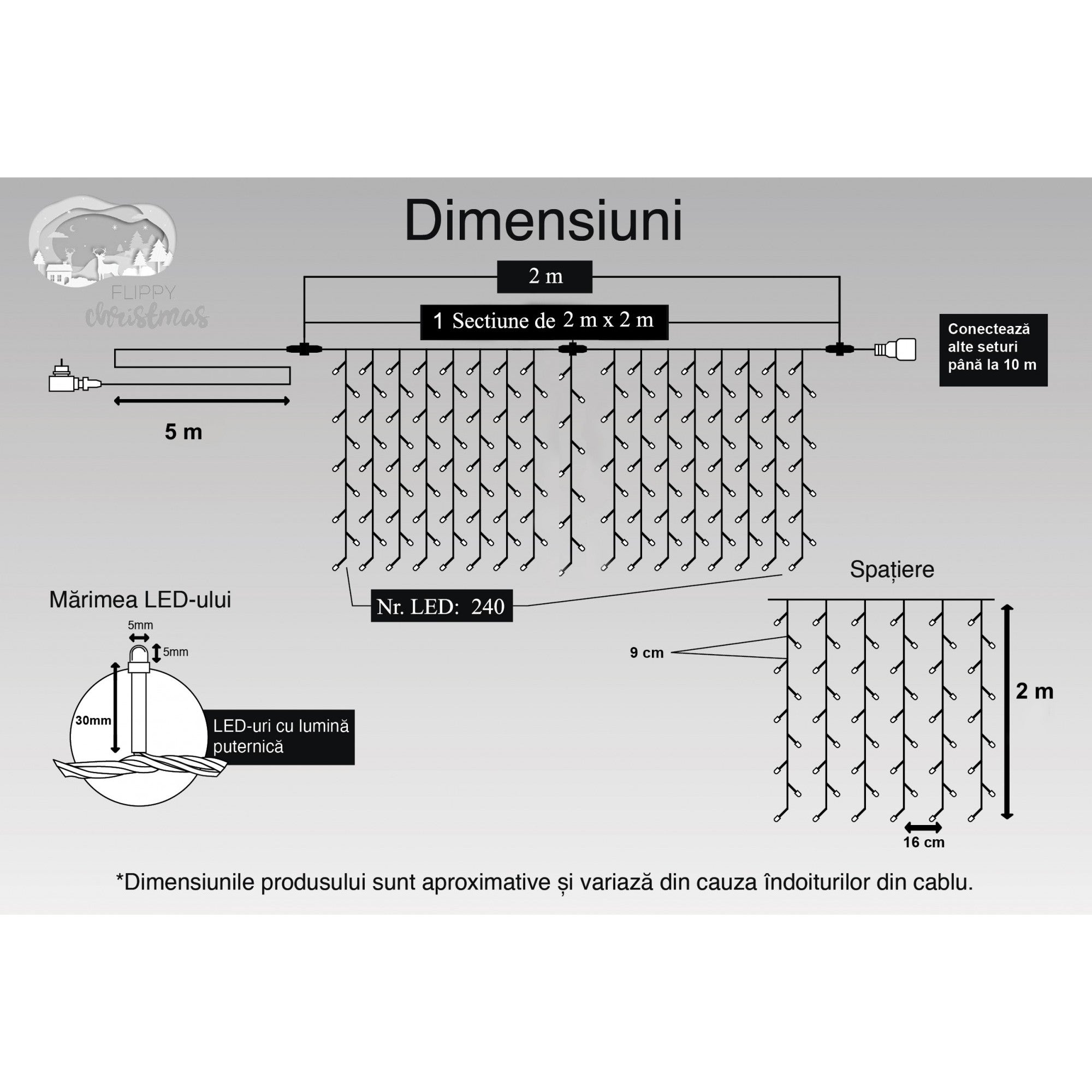 Instalatie Craciun, Tip Perdea, IP44, 2 m x 2 m, 240 LED-uri, Albastru, cu flash, Transformator, Interconectabila, Prelungitor 5 m inclus, Fir transparent, Interior/ Exterior, Kaveny