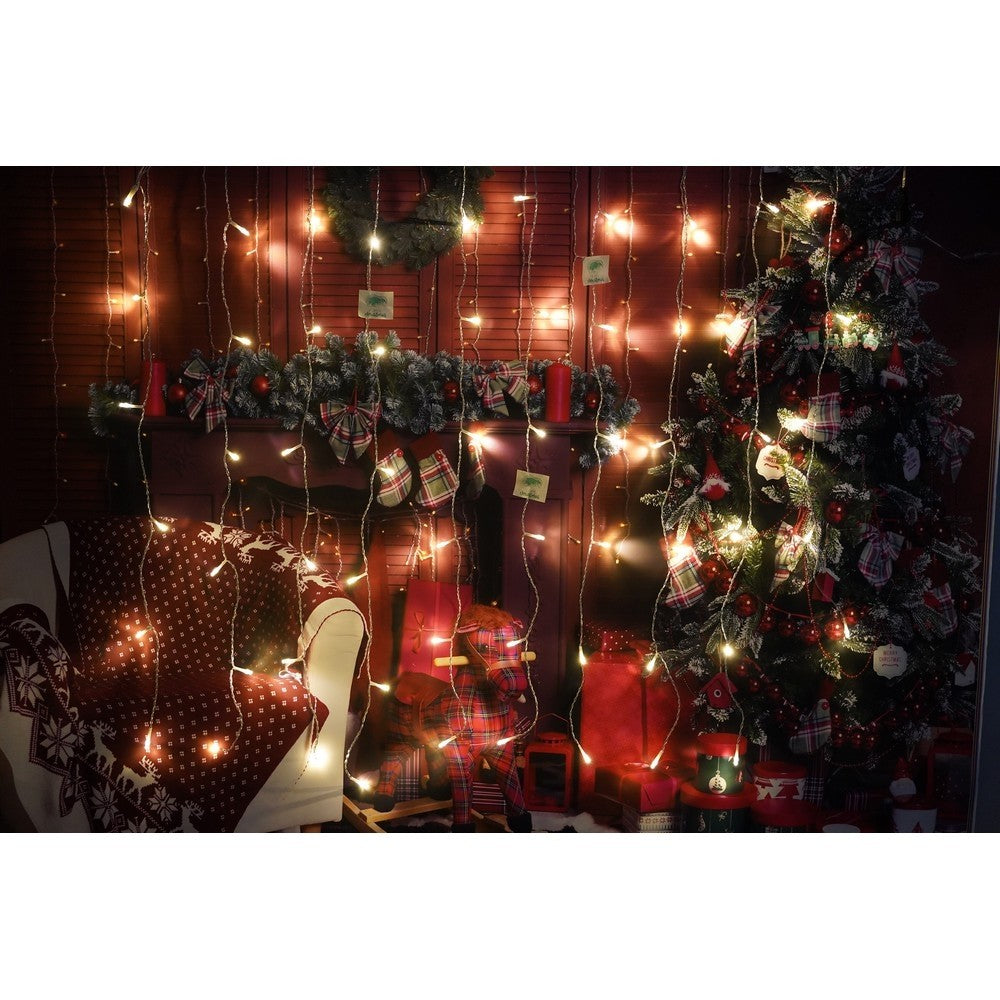 Instalatie Craciun, Tip Perdea, IP44, 3 m x 1 m, 180 LED-uri, Alb cald, 8 jocuri de lumini, Transformator cu telecomanda, Interconectabila, Prelungitor 3 m inclus, Fir transparent, Interior/ Exterior, Kaveny