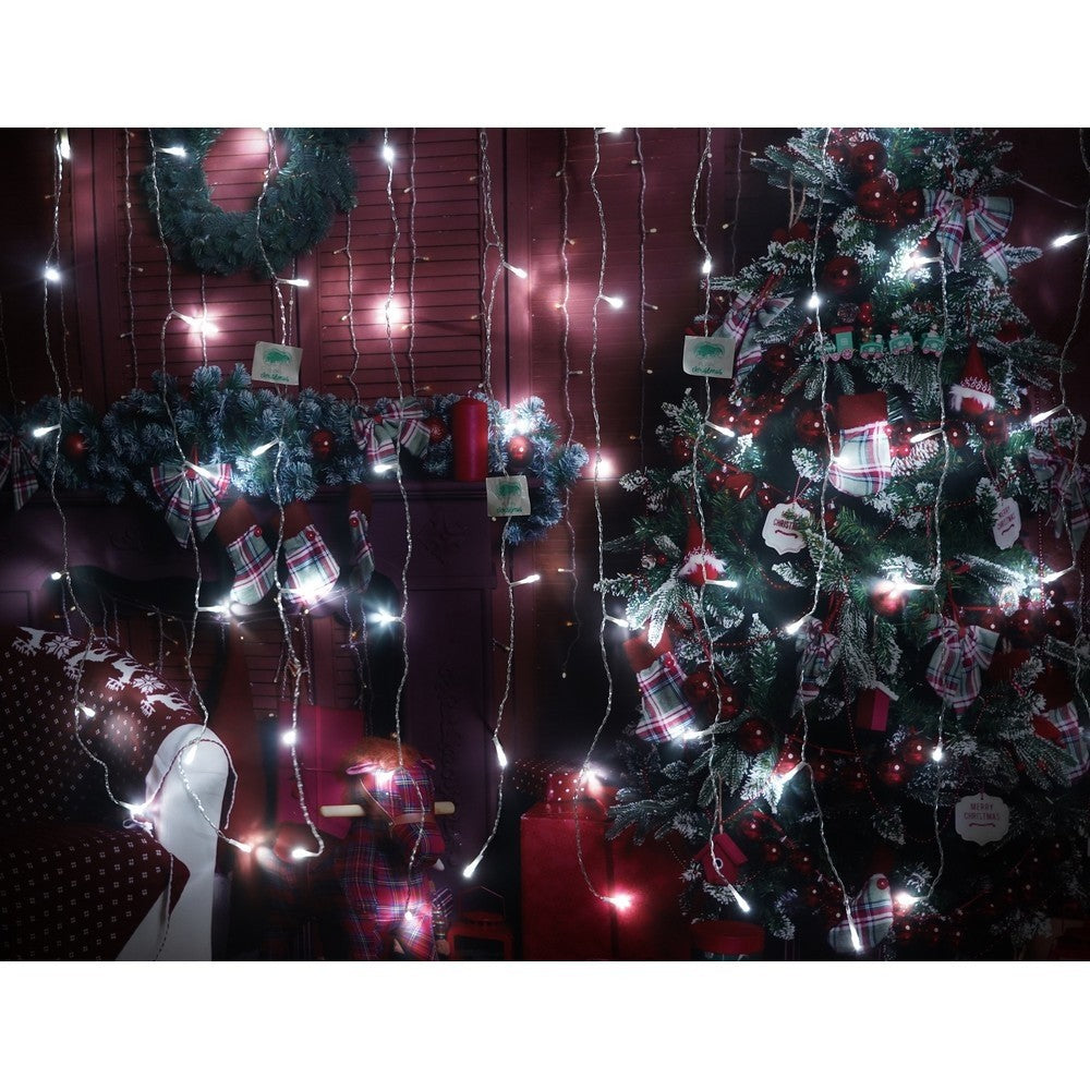 Instalatie Craciun, Tip Perdea, IP44, 3 m x 1 m, 180 LED-uri, Alb rece, 8 jocuri de lumini, Transformator, Interconectabila, Prelungitor 3 m inclus, Fir transparent, Interior/ Exterior, Kaveny