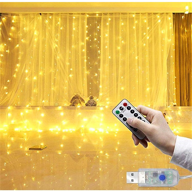 Instalatie Craciun, Tip Perdea IP44, 3m x 1m, 100 Led-uri, Alb cald, USB si telecomanda cu 8 functii, Kaveny