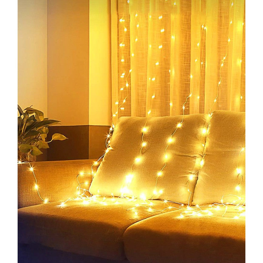 Instalatie Craciun, Tip Perdea IP44, 3m x 1m, 100 Led-uri, Alb cald, USB si telecomanda cu 8 functii, Kaveny