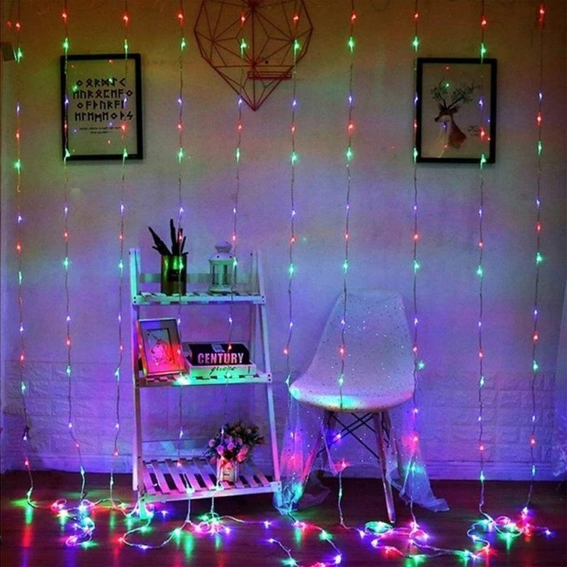 Instalatie Craciun, Tip Perdea IP44, 3m x 1m, 100 Led-uri, Multicolor, USB si telecomanda cu 8 functii, Kaveny