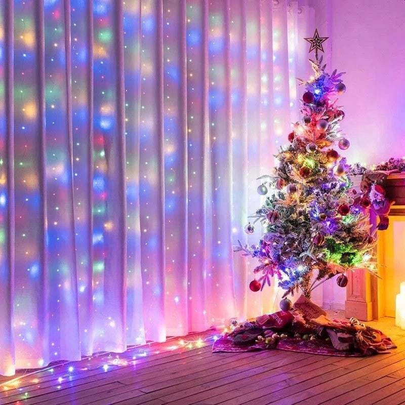 Instalatie Craciun, Tip Perdea IP44, 3m x 2m, 200 Led-uri, Multicolor, USB si telecomanda cu 8 functii, Kaveny