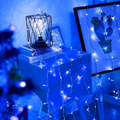 Instalatie Craciun, Tip Perdea, IP44, 4 m x 1 m, 240 LED-uri, Albastru, 8 jocuri de lumini, Transformator cu telecomanda, Interconectabila, Prelungitor 3 m inclus, Fir transparent, Interior/ Exterior, Kaveny