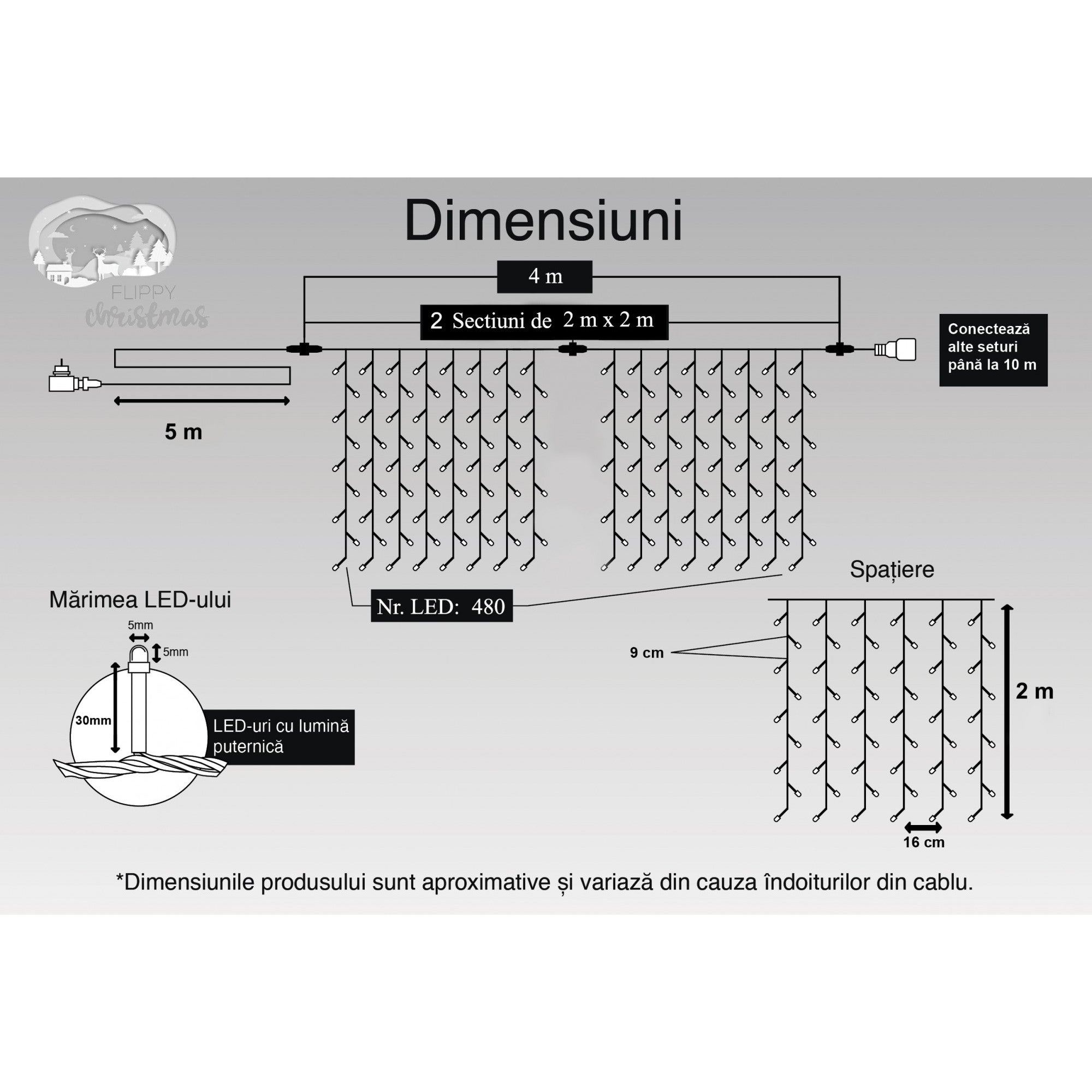 Instalatie Craciun, Tip Perdea, IP44, 4 m x 2 m, 480 LED-uri, Alb cald, 8 jocuri de lumini, Transformator, Interconectabila, Prelungitor 5 m inclus, Fir transparent, Interior/ Exterior, Kaveny