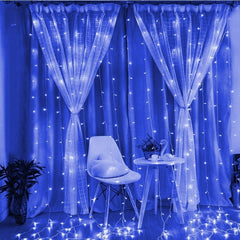 Instalatie Craciun, Tip Perdea, IP44, 4 m x 2 m, 480 LED-uri, Albastru, 8 jocuri de lumini, Transformator, Interconectabila, Prelungitor 5 m inclus, Fir transparent, Interior/ Exterior, Kaveny