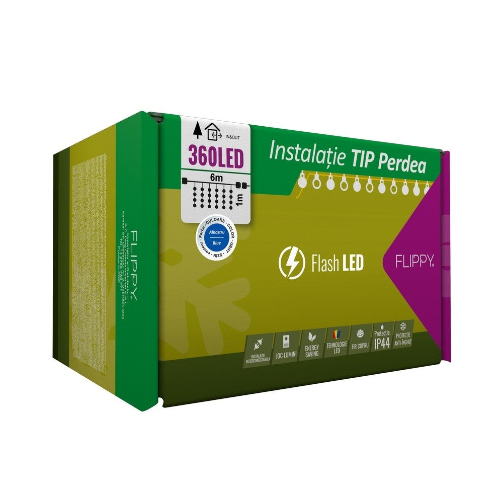 Instalatie Craciun, Tip Perdea, IP44, 6 m x 1 m, 360 LED-uri, Albastru, cu flash, Transformator cu telecomanda, Interconectabila, Prelungitor 5 m inclus, Fir transparent, Interior/ Exterior, Kaveny