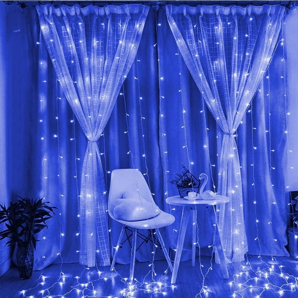 Instalatie Craciun, Tip Perdea, IP44, 6 m x 2 m, 720 LED-uri, Albastru, 8 jocuri de lumini, Transformator, Interconectabila, Prelungitor 5 m inclus, Fir transparent, Interior/ Exterior, Kaveny