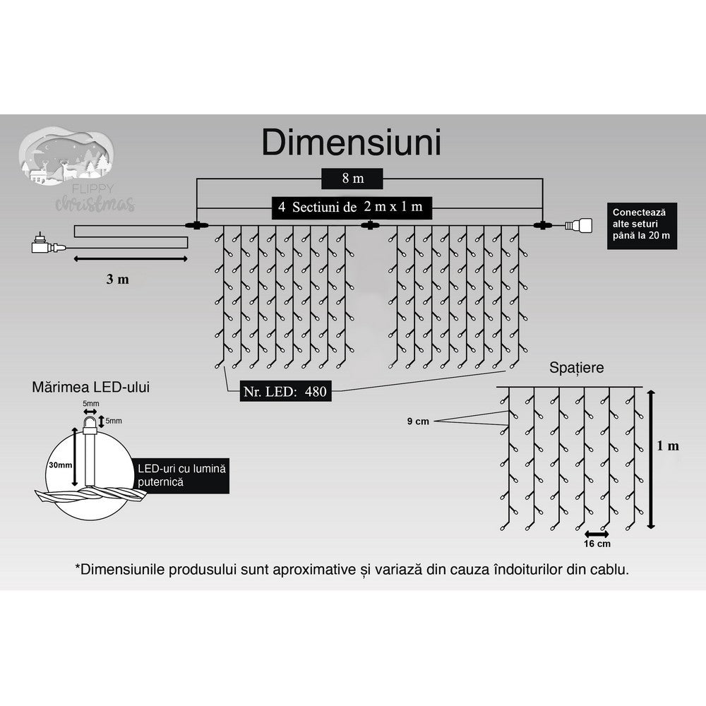 Instalatie Craciun, Tip Perdea, IP44, 8 m x 1 m, 480 LED-uri, Albastru, 8 jocuri de lumini, Transformator, Interconectabila, Prelungitor 3 m inclus, Fir transparent, Interior/ Exterior, Kaveny