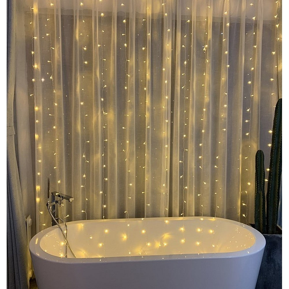 Instalatie Craciun, Tip Perdea, IP44, 8 m x 2 m, 960 LED-uri, Alb cald, 8 jocuri de lumini, Transformator cu telecomanda, Interconectabila, Prelungitor 5 m inclus, Fir transparent, Interior/ Exterior, Kaveny
