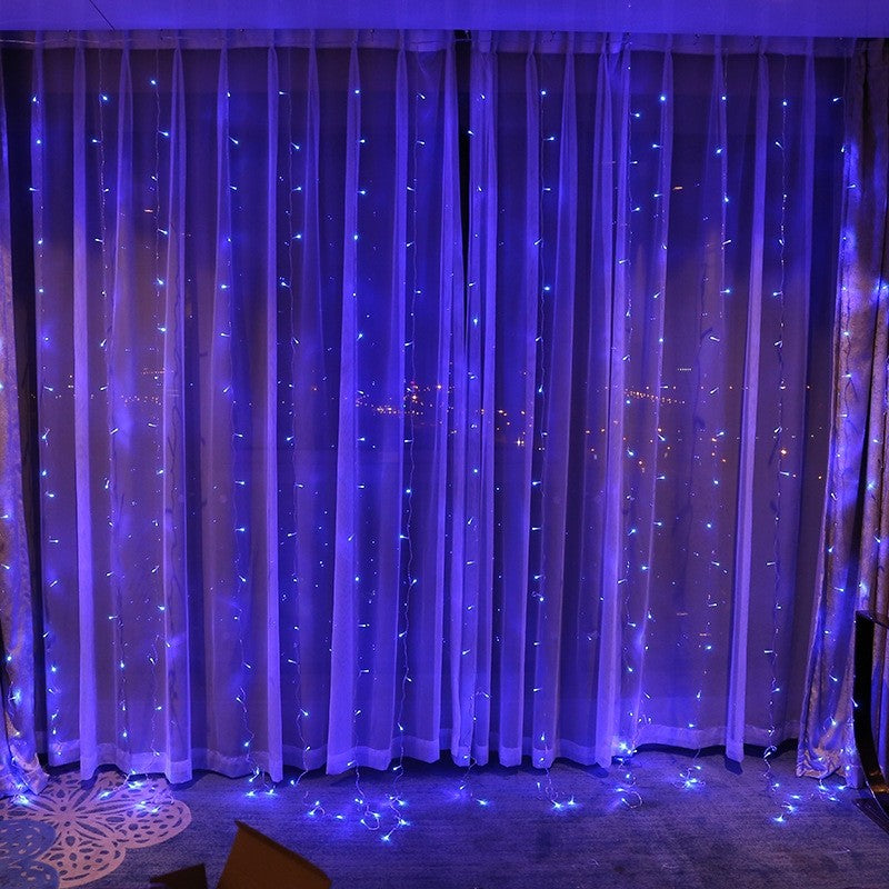 Instalatie Craciun, Tip Perdea, IP44, 8 m x 2 m, 960 LED-uri, Albastru, 8 jocuri de lumini, Transformator, Interconectabila, Prelungitor 5 m inclus, Fir transparent, Interior/ Exterior, Kaveny