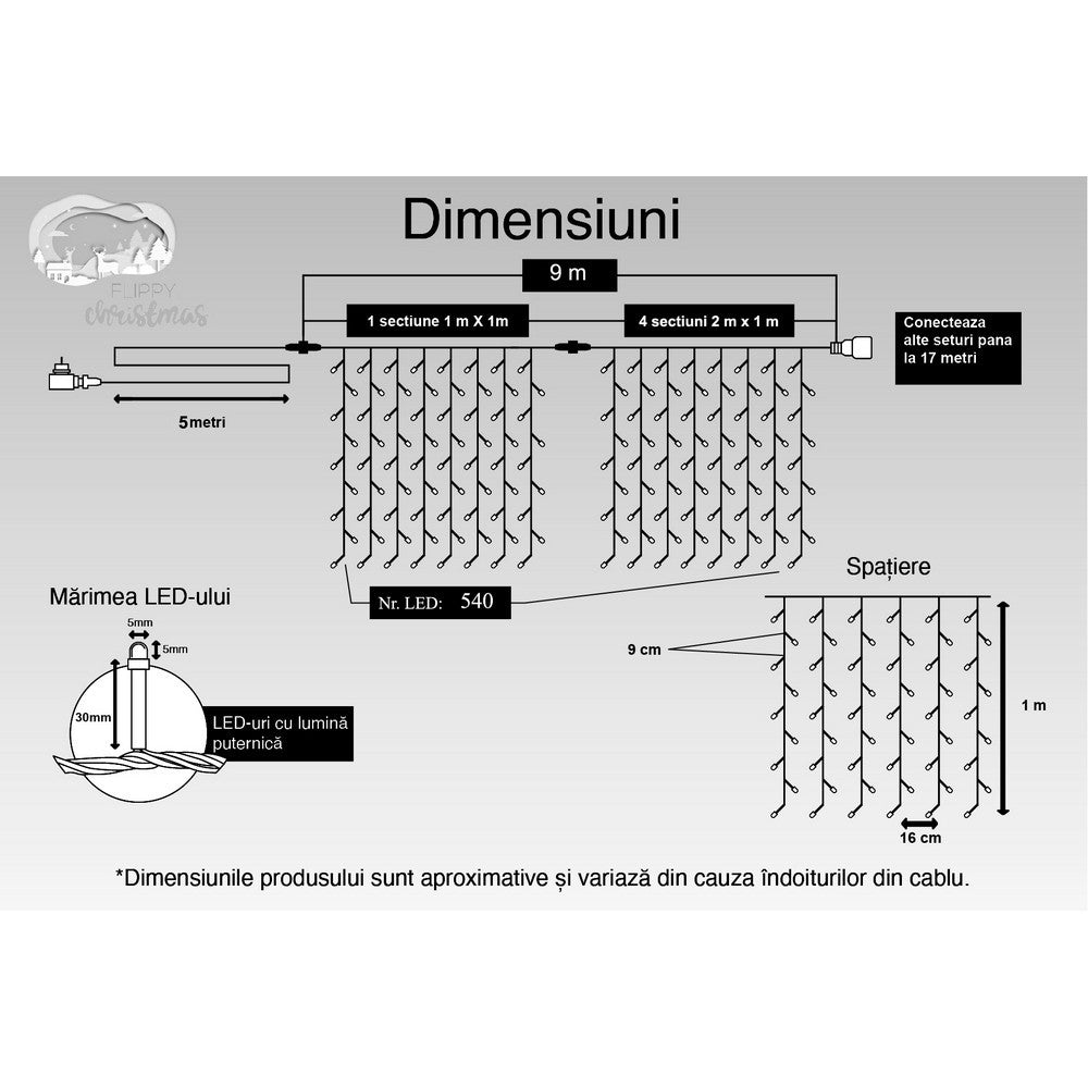 Instalatie Craciun, Tip Perdea, IP44, 9 m x 1 m, 540 LED-uri, Alb cald, cu flash, Transformator cu telecomanda, Interconectabila, Prelungitor 5 m inclus, Fir transparent, Interior/ Exterior, Kaveny